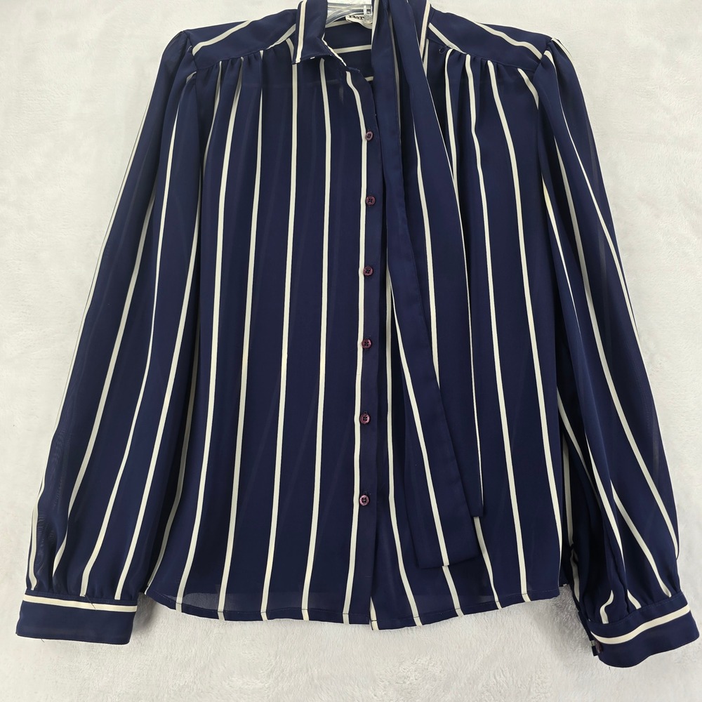 Personal Blouse Womens 12 Button Up Navy Blue White Striped Neck Tie Long Sleeve
